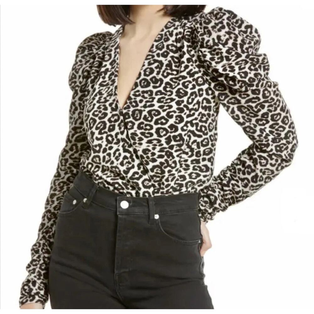AFRM Nora Leopard Animal Print Puff Sleeve Bodysuit Black Tan Womens Sm